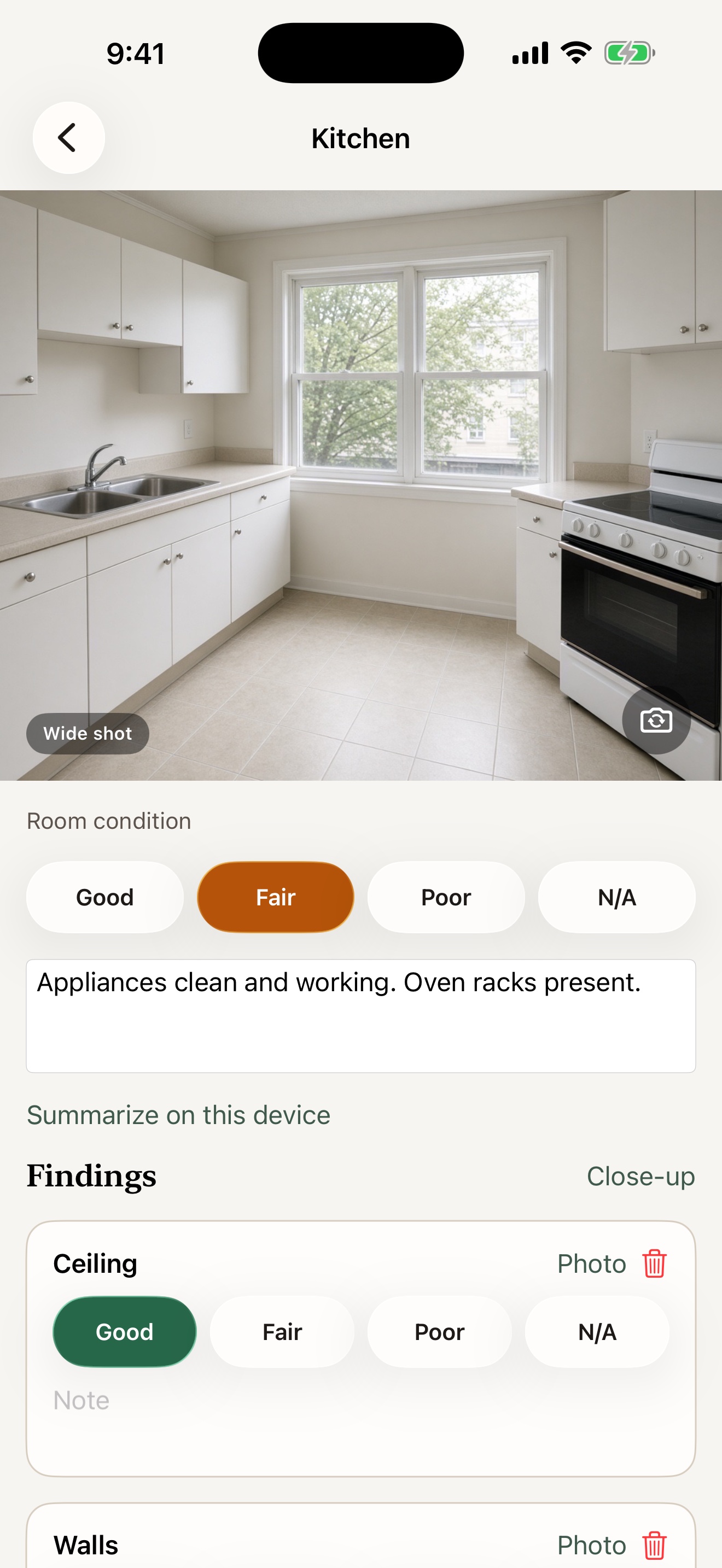 InspectionLab on iPhone showing a kitchen wide shot, room condition, and findings