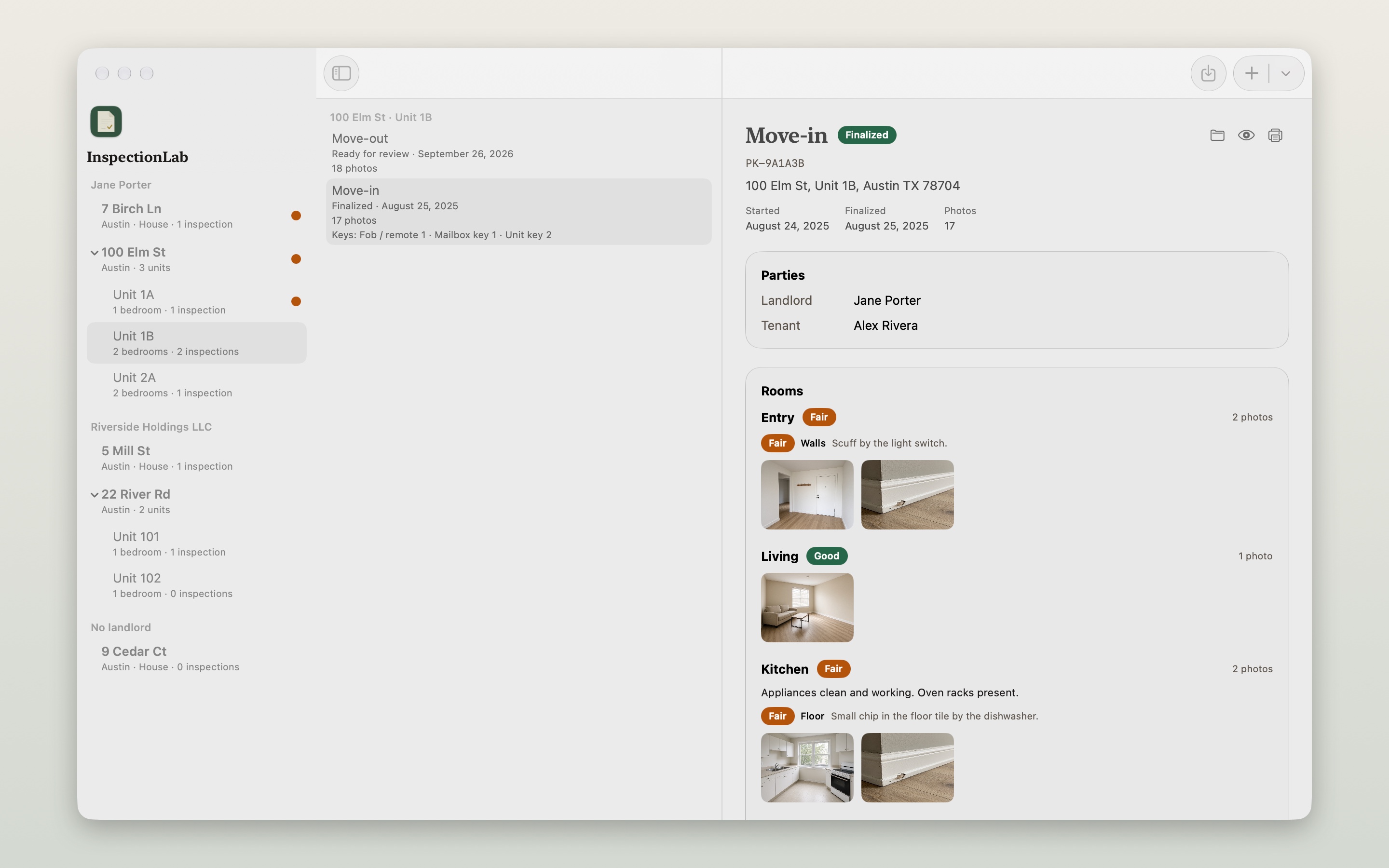 InspectionLab on Mac, a library grouped by landlord, property, and unit