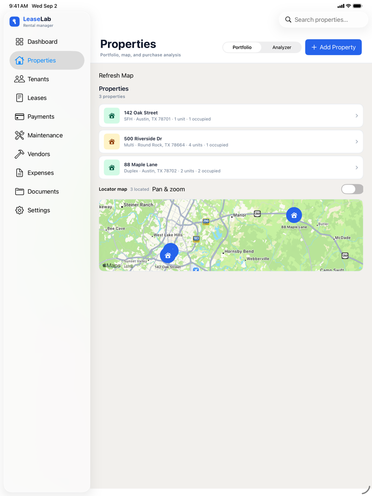 LeaseLab properties list on iPad with three properties, unit and occupancy counts, and a locator map of the portfolio