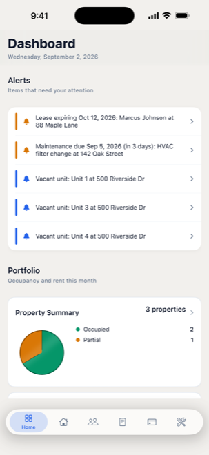 LeaseLab dashboard on iPhone listing lease, maintenance, and vacancy alerts above a portfolio summary