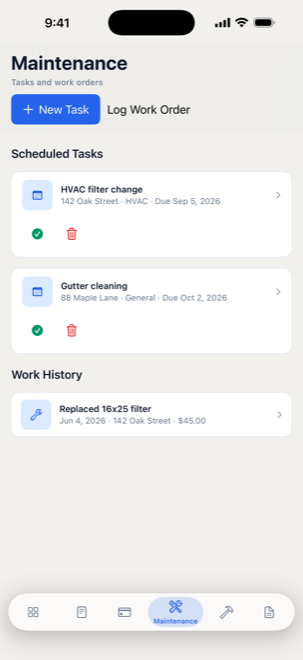 LeaseLab maintenance page on iPhone showing scheduled tasks and a work order history