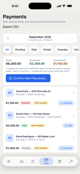 LeaseLab payments list on iPhone with overdue, paid, and pending rent charges