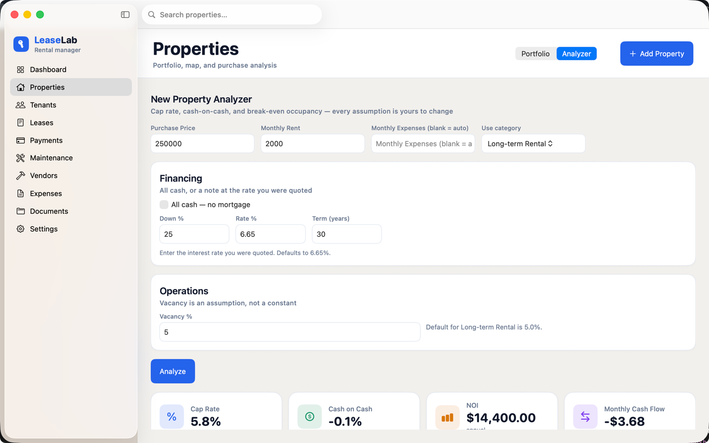 LeaseLab purchase analyzer on Mac with purchase price, financing, and vacancy assumptions, returning a 5.8 percent cap rate and slightly negative cash flow