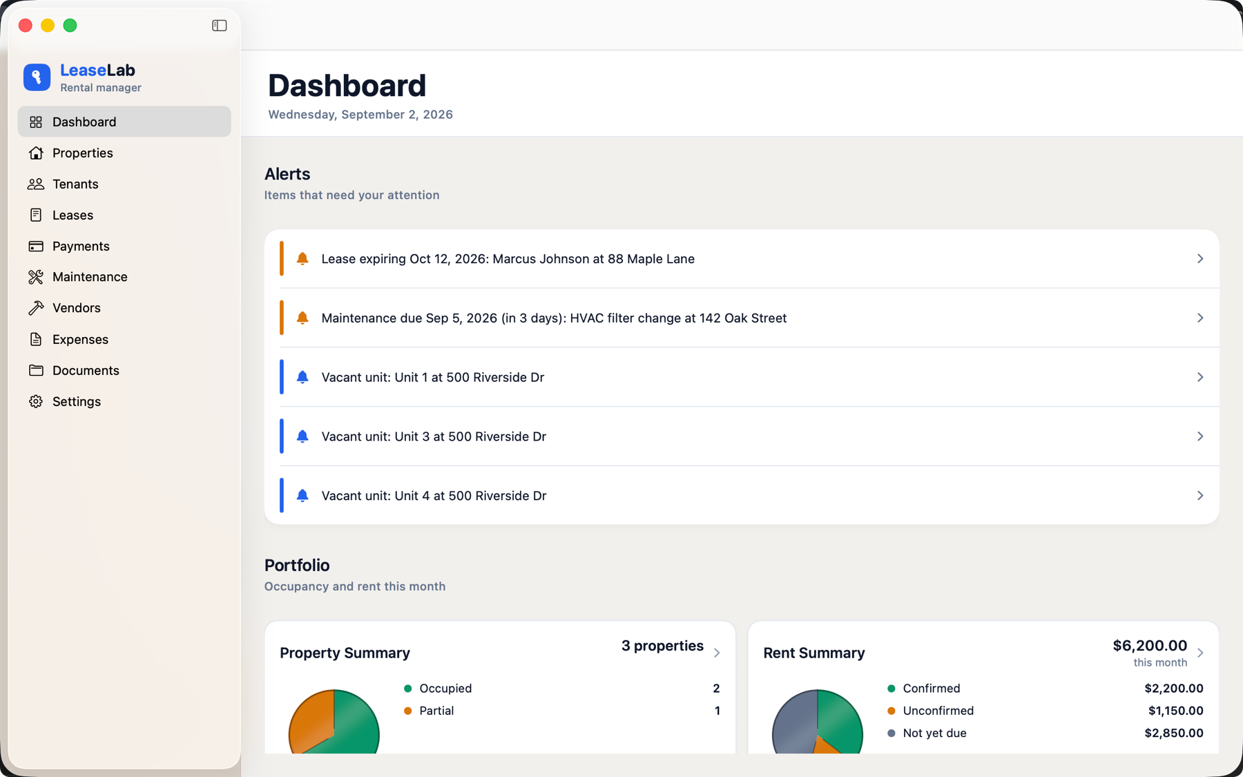 LeaseLab on macOS: a dashboard listing lease renewals, maintenance due, and vacant units, with portfolio occupancy and rent charts below