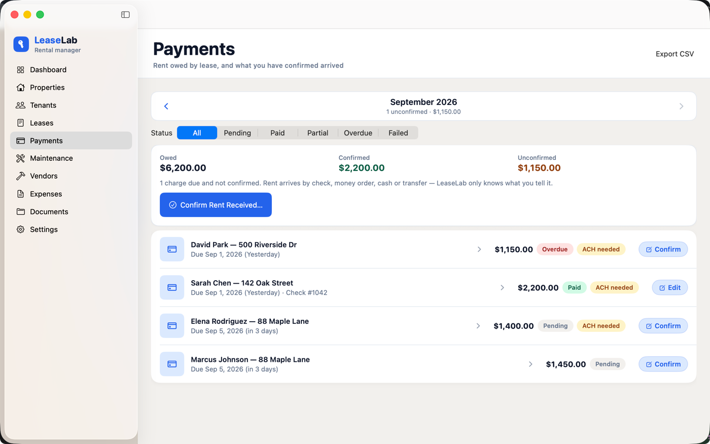 LeaseLab payments page on Mac showing four rent charges for September with owed, confirmed, and unconfirmed totals