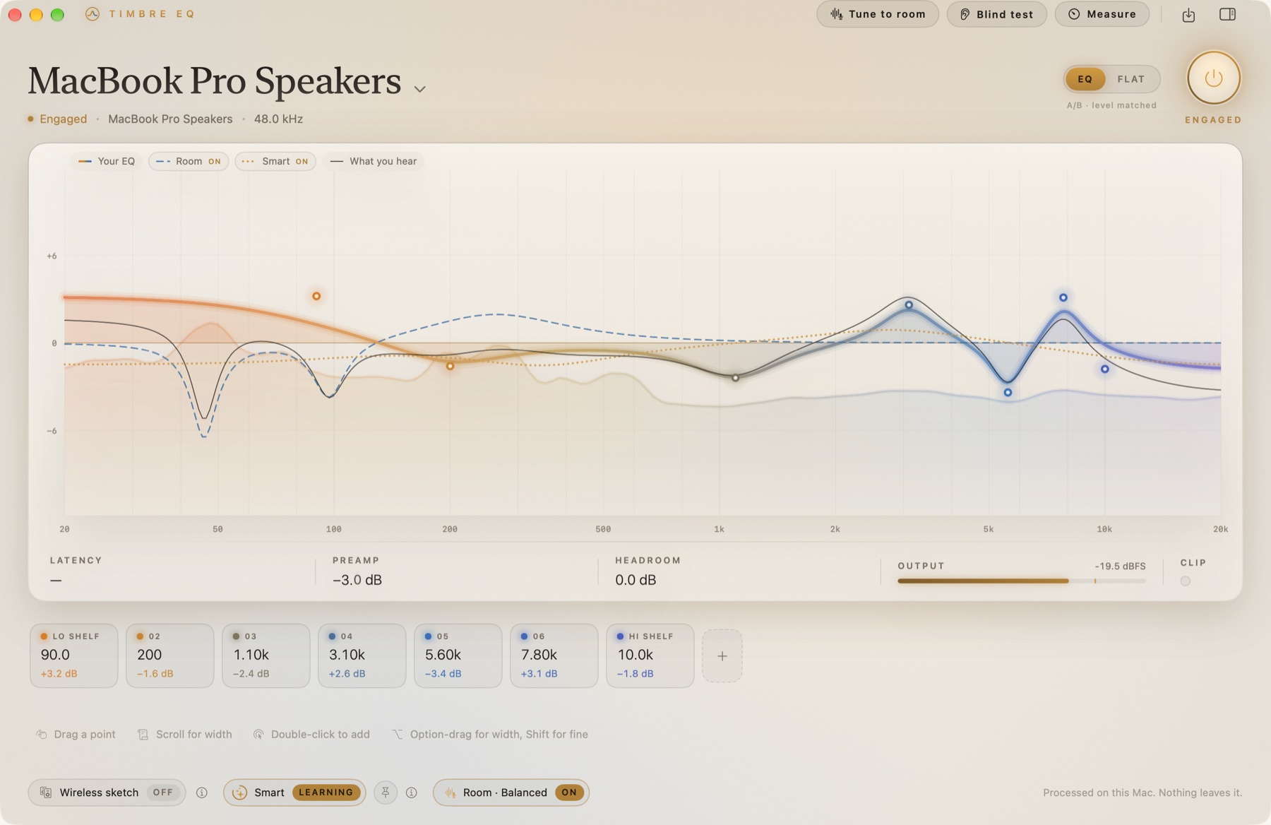 Timbre EQ on macOS, engaged on MacBook Pro Speakers, with the listener’s curve, a room correction, and Smart learning over a live spectrum