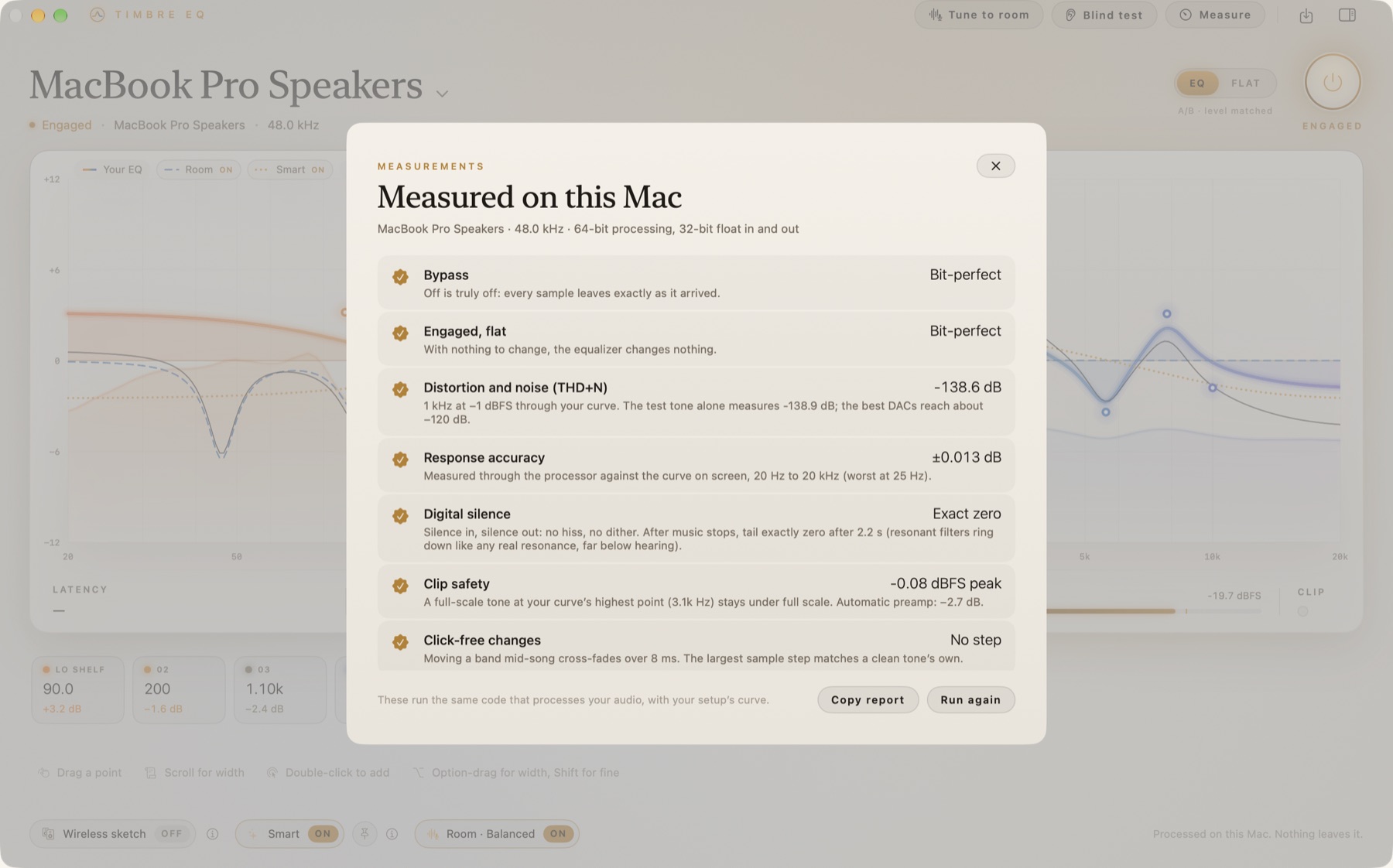 Timbre EQ measurements on Mac: bypass bit-perfect, distortion and noise −138.6 dB, response accuracy ±0.013 dB