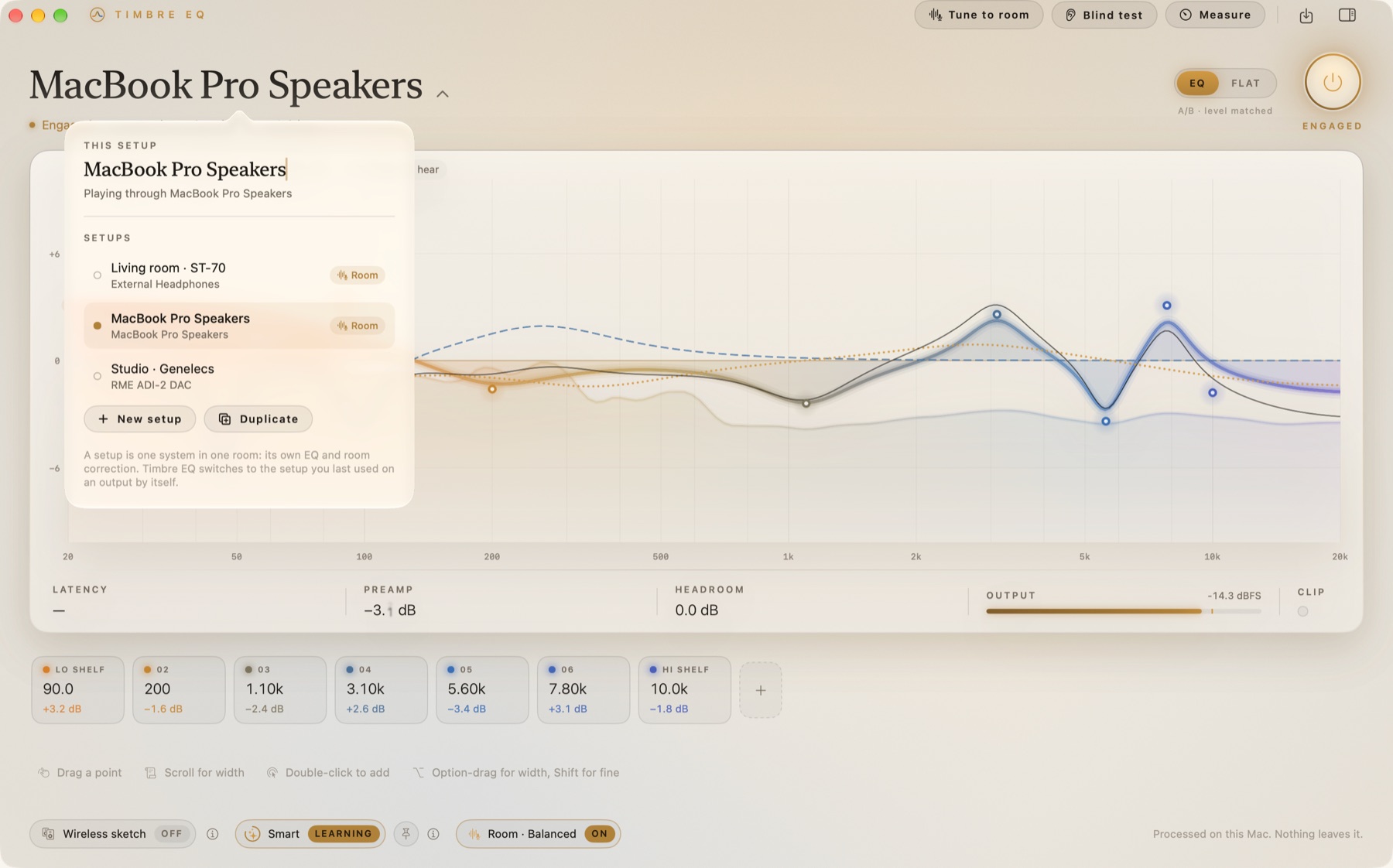 Timbre EQ setup list on Mac, open over the curve, with Living room · ST-70, MacBook Pro Speakers, and Studio · Genelecs